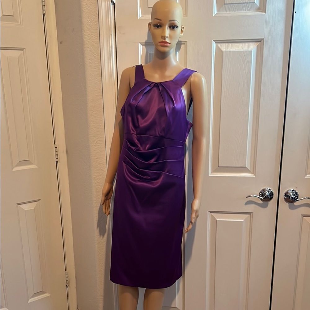 J Taylor Elegant Royal Purple Silky Midi Dress Sz 10 Sleeveless Slimming Ruching